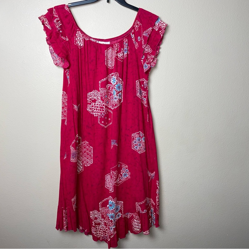 MALAMA Hawaiian Dress Womens Size Medium Red Asian Bird Flower Pattern Ruffles